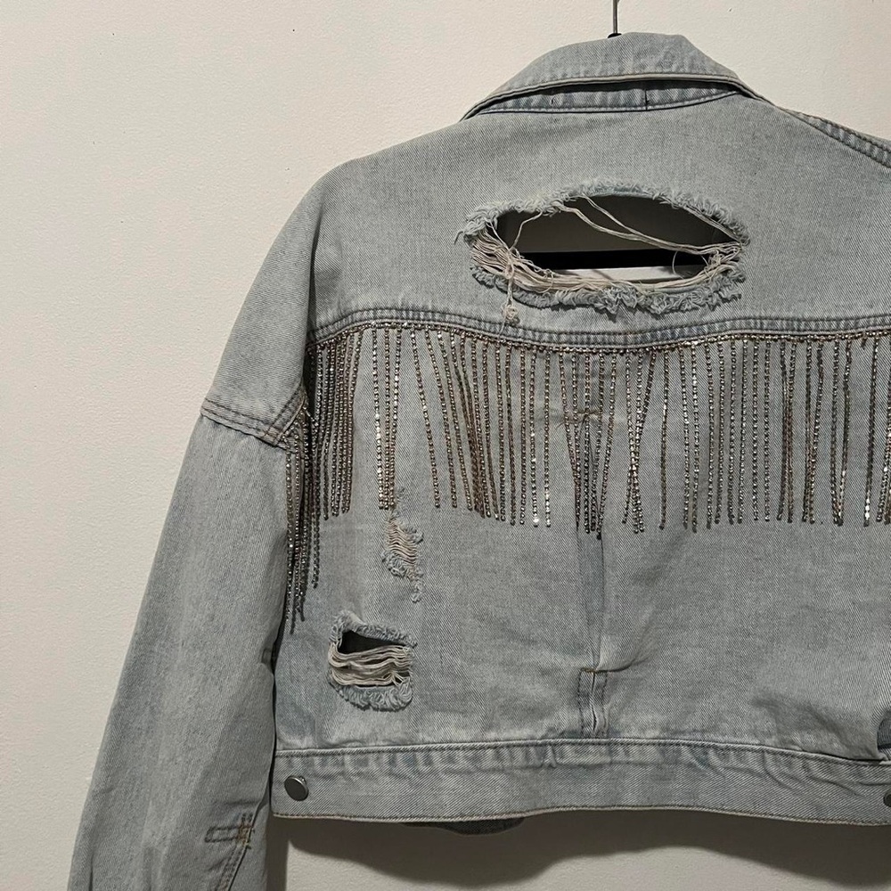 Gorgeous fringe rhinestone denim distressed jacket
